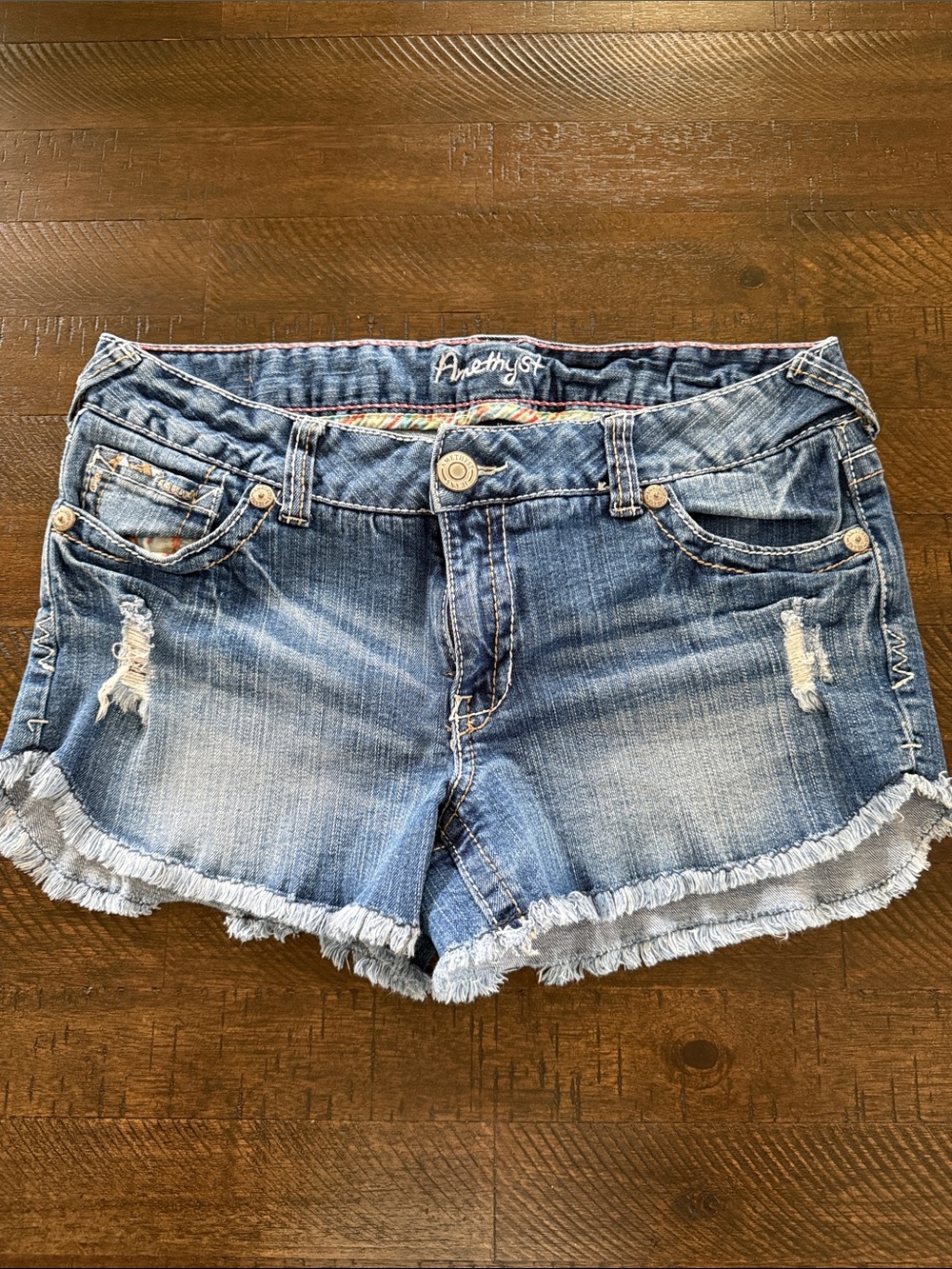 Amethyst Jeans Medium Blue Distressed Frayed Denim Shorts